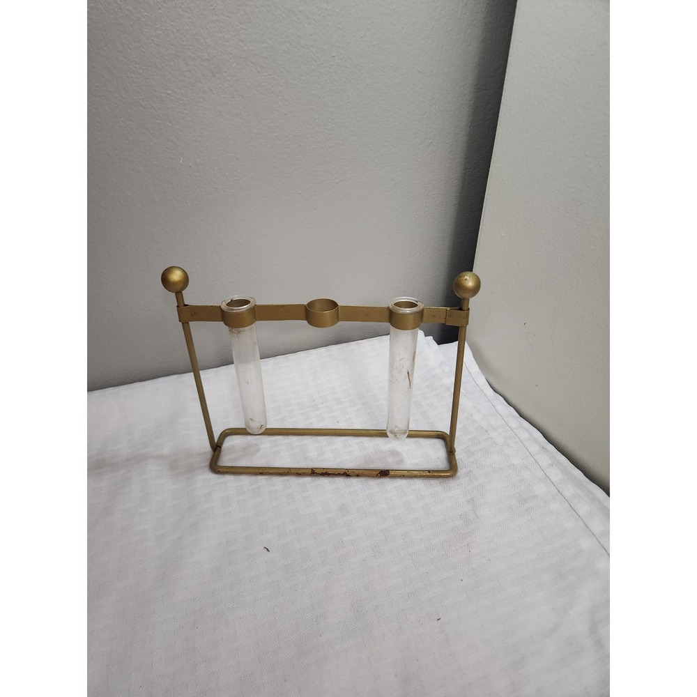 Vintage Gold Metal Test Tube Bud Vase Propagation Station 2 Glass Tubes